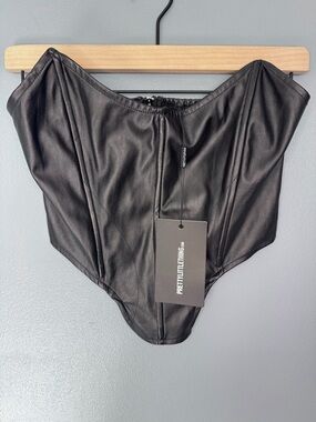 NWT PrettyLittleThing Black Faux Leather Square Dip Hem Corset Top | Size 4